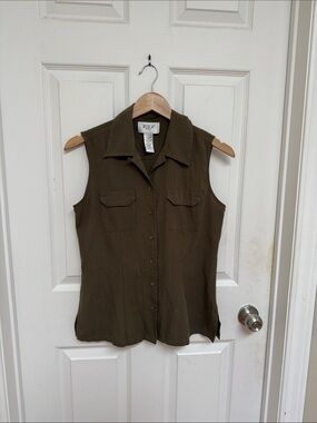 Jessica Olive Sleeveless Button-Front Utility Shirt (S)